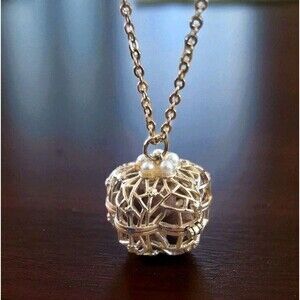 Vintage Diffuser Locket Pendant Necklace Gold Tone Faux Pearl 26" Filigree